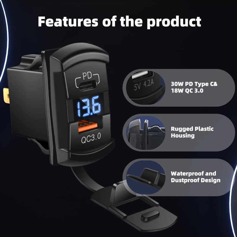 CNAODUN USB Rocker Switch USB C Charger Socket with Waterproof Cover Dual PD and QC3.0 12V/24V Blue Led Voltmeter for Rocker Type Marine Switch Panel On Marine Rv Vehicles… Type C+QC3.0