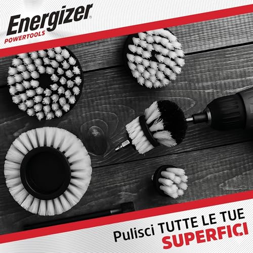 Energizer 6-Piece Drill Brush Attachment Set - Power Scrubber Cleaning Kit with 6" Extension Rod - Multi-Purpose Scrub Brushes for Bathroom, Shower, Tile, Grout & Car Cleaning, White