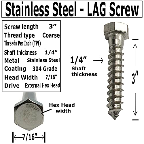 1/4" X 3" - 304 Grade Stainless Steel lag screws, Hex head fasteners, stainless steel screw. Use as Construction, wood, metal, lag screw or mounting screws fasteners lag bolts. Heavy duty screws. (50) 50