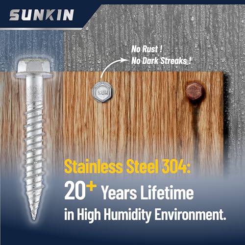SUNKIN 60PCS Concrete Screws, Bi-Metal Stainless Steel 304, #14 x 1-5/8" Hex Head, Hardened Tip, for Masonry & Concrete, Outstanding Rustproof #14 x 1-5/8 inch