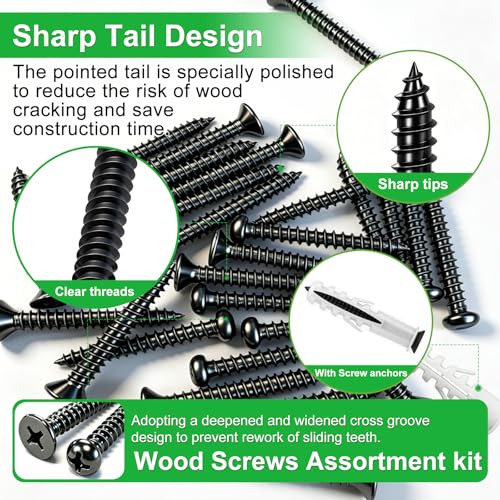 Twidec/1510PCS Wood Screws Black M2 M3 M4#6#8 Phillips Pan Head＆Flat Head 1510PCS