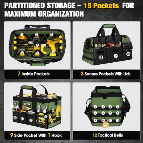 18-Inch Heavy Duty Tool Bag, 19-Pockets Tool Box Organizer, Portable Toolbag W/Soft Handle for Organized Storage, Mechanic Gifts for Men Dad Husband Fathers Day, Wide Mouth Electrician Toolbox, Green 18 Inch Handle