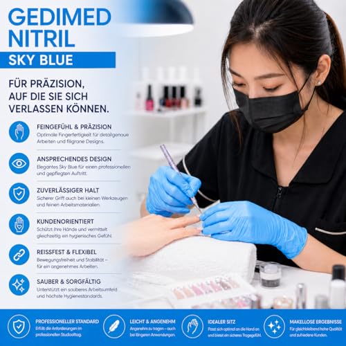 Gedikum Nitrile Disposable Gloves, Powder-Free, Latex-Free, Pack of 100/Box, Blue Nitrile Gloves, Available in Sizes XS, S, M, L, XL & XXL (L)