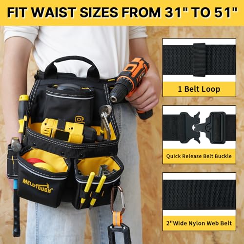 MELOTOUGH Tool Pouch with Belt, Electrician Tool Pouch with Detachable Hammer Holster for Electrician, Carpenter, Construction (Yellow)