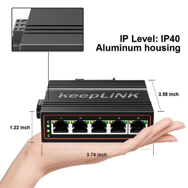 5-Port Industrial Ethernet Switch, Unmanaged 10/100Mbps DIN-Rail Network Switch, IP40, Operating Temperature Range of -30°C– 75°C (-22°F – 167°F) 5 port switch