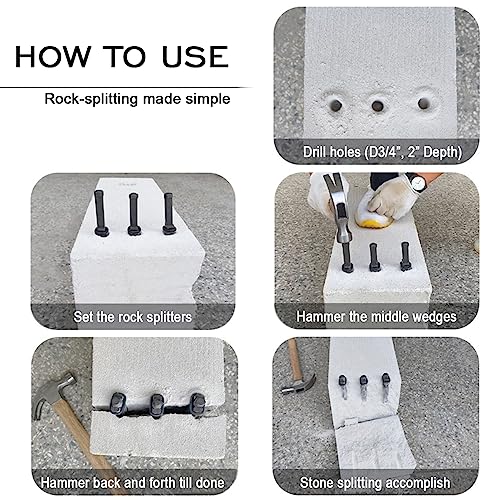 10 Sets Rock Splitter, 3/4 inch Diameter with 2 inch Depth Drill Hole Fitted Stone Splitting Tools, Spring Steel Wedge and Feather Shims Hand Tools for Masonry, Concrete Marble Granite Cutting