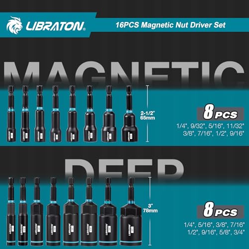 LIBRATON Magnetic Nut Driver Set, 16PCs Impact Driver Bit Set, SAE