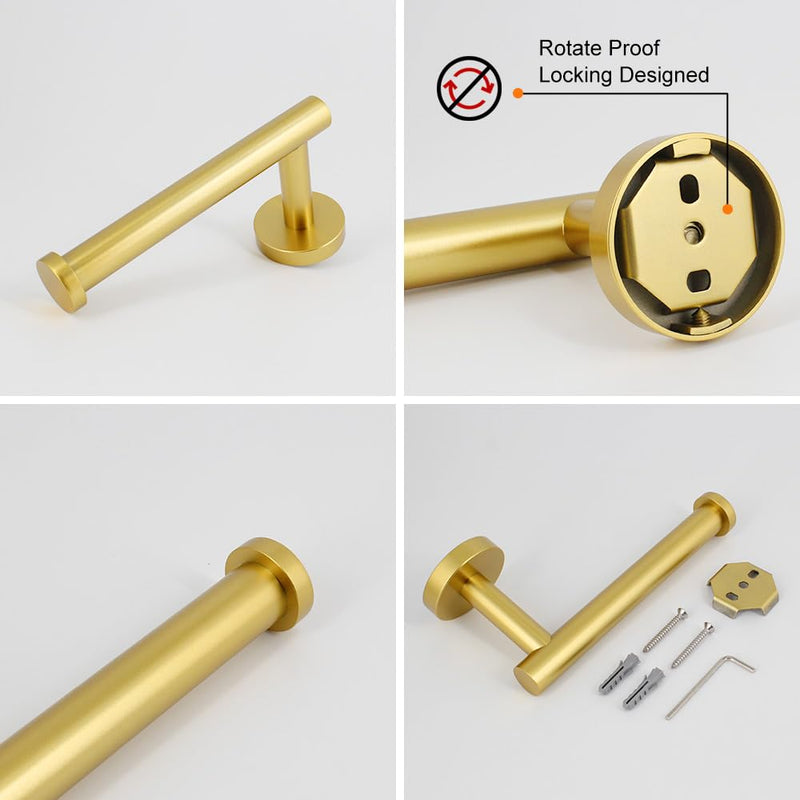 3-Pieces Bathroom Hardware Set Gold Stainless Steel Wall Mounted - Includes Toilet Paper Holder, 2X Robe Towel Hooks