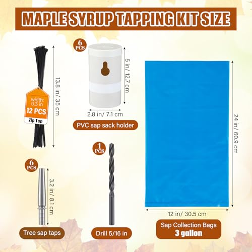 6 Set Maple Syrup Tapping Kit PVC Maple Sap Sack Holder, 3 Gallon Collection Bags, 5/16" Drill, Zip Ties, and Tree Sap Taps Complete Kit Big Capacity for Collection and Harvest 6
