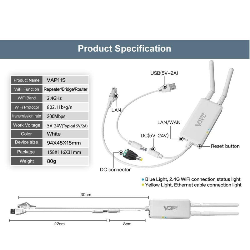 VONETS 2.4GHz High Power WiFi Bridge Wireless to Wired Ethernet Repeater Network Router Signal Coverage WiFi Hotspot Extender AP Antennas Cable VAP11S with 12V/1A Power Adapter 2.4G+Adapter