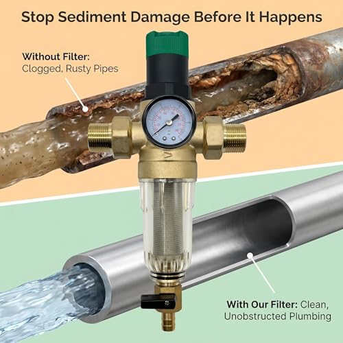 Whole House Spin Down Sediment Filter with Manual Pressure Regulator - Reusable 50 Micron SS Filter screen, BPA-Free Brass Body, Built-in- Gauge, 3/4"NPT（DN20）Ports, Easy Flush Pre-filter
