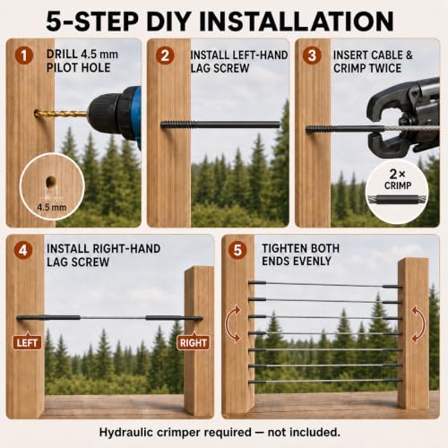 ZONEGRACE 60 Pack Black Cable Railing Hardware, Cable Rail Kit for Wood Posts with T316 Right & Left Handed Swage Lag Screws and Crimp Tensioner Terminals for 1/8 Inch Wire Rope