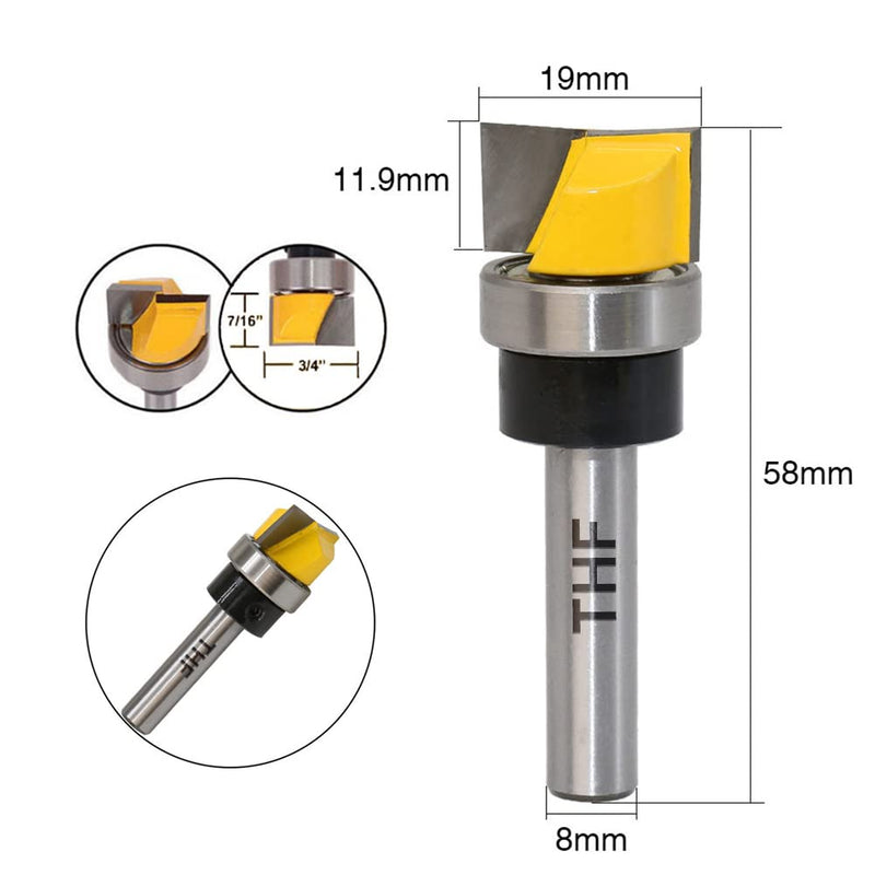 TXHF 8mm Shank Flush Cutter, Carbide Tip Professional Woodworking Cutter Tools with Ball Bearing