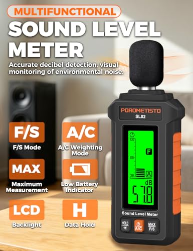 POROMETISTO A/C-rated sound level meter 30–130 dB for home & office | Noise level meter for environmental monitoring, machine testing & occupational safety. Precise sound measurement from 30–130 dB.