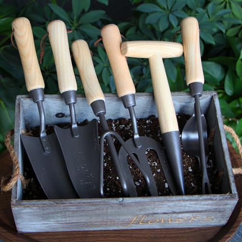 Japanese Gardening Tools Set, 6 Pcs Garden Tools Set, Black Painted Stainless Steel Heavy Duty Gardening Tools Kit, Hand Trowel, Dibble, Hand Rake, Weeder, Transplanter and Hand Folk… Black Painted Steel 3