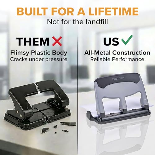 Bostitch EZ Squeeze Heavy Duty 3 Hole Punch, 40 Sheet Capacity, Slate