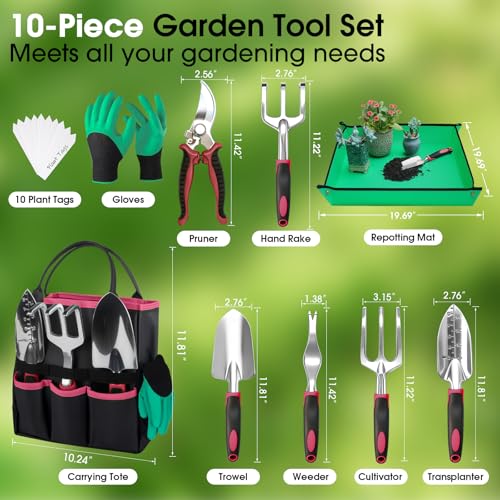 WOWBOX Garden Tools Set, 10 PCS Heavy Duty Gardening Hand Tools Kit, Red Black Red