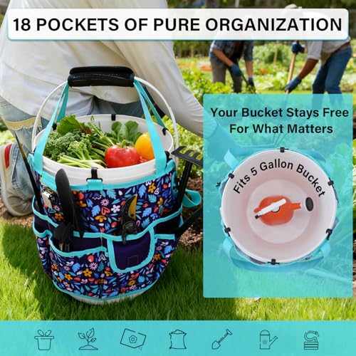 KUNN Garden Tool Organizer Belt Multifunctional Work Apron Pouch for Gardeing Florist Plumbing,Black + Bucket Tool Organizer 5 Gallon with Hangable Handle 18-Pocket Detachable Bucket Bag