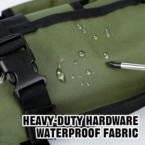2-Piece Tool Bag Set, Black Roll-Up Waterproof Tool Organizer & Army Green Small Tool Pouch, Heavy-Duty Tool Storage Combo for Electrician, Mechanic, Carpenter, and DIY Projects