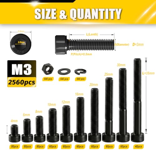 M3 Screws Kit 2560Pcs Socket Head Cap Screw Assortment 10 Sizes 3D Printing M3 Kit 2560pcs / 10 Sizes