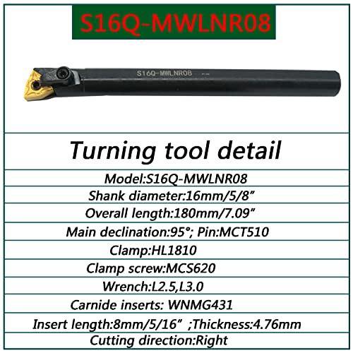 5/8" Lathe Excircle Indexable Carbide Turning Tool Holder MWLNR1616H08 + Metal Lathe Internal Boring Bar S16Q-MWLNR08 + Indexable Carbide Turning Inserts WNMG431(WNMG080404)……