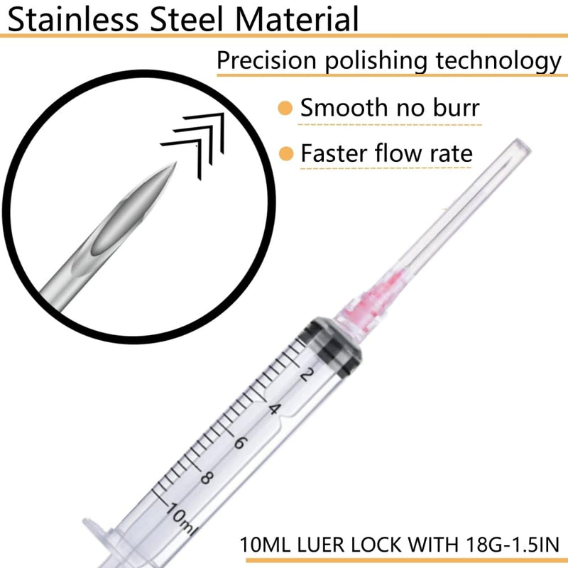 100 Pack - 10ml/cc Luer Lock Plastic Syringe with Needle 18Ga, Lab Measuring Tools for Industrial Dispensing, Science Lab and Plant Injection Supplies 100 10ml 18ga