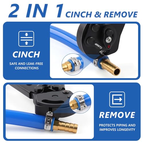 2 IN 1 Ratchet PEX Crimping Tool Kit - Cinch and Remove Dual Function Suitable for 3/8" to 1" Stainless Steel Clamps with Pex Cutter and Stainless Steel Pex Clamps 1/2" 25PCS, 3/4" 10PCS Pex Crimper Kit
