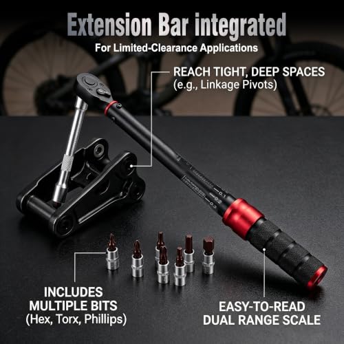 WORKKOOL 1/4" Bike Torque Wrench Set 72-Tooth Dual Direction, 15PCS Drive Click Torque Wrench Double Scale 2-24Nm/1.47-17.7ft.lb/17.7-212.42in.lb for Bicycle, Motorcycle