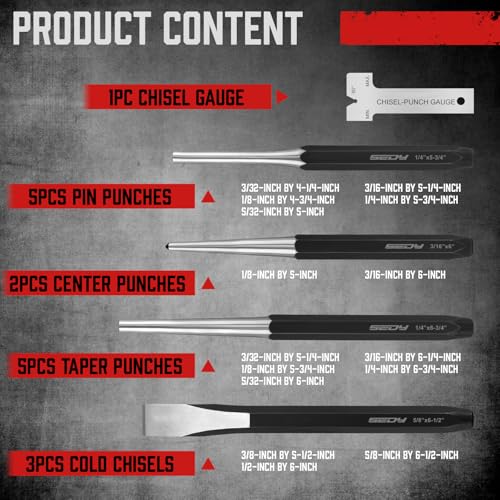 16-Piece Punch and Chisel Set, Includes Pin, Taper and Center Punch Tools, Cold Chisels and Chisel Gauge for Metalworking, Automotive Repair, Woodworking and Maintenance 16-piece Set