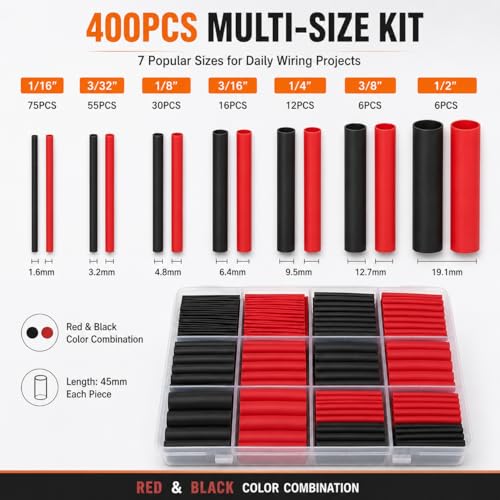 Pack of 400 Shrink Tubing, 4:1 Shrink Tube Set with Adhesive, IP68 Heat Shrink Tube, Waterproof, Shrink Tubing Red & Black for Cable Repairs, 7 Sizes