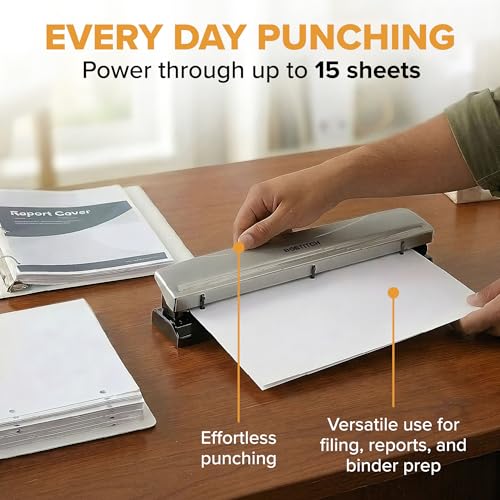 Bostitch Office 3 Hole Punch, Metal, 15 Sheet Capacity, Silver 2 Pack 15 Sheet Silver 2 Pack