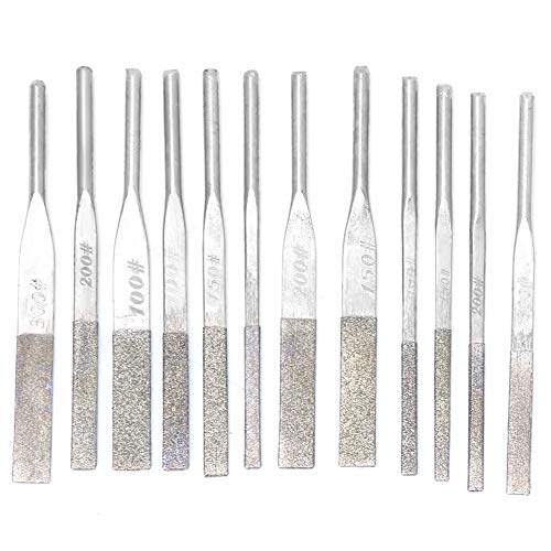 12pcs 3mm Shank Taper Machine Files for Reciprocating Grinding, Repairing, Stone Carving and Engraving with Emery Blade, Alloy Shank and 100#,150#,200#,300# Grit