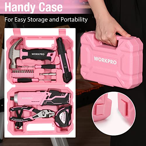 WORKPRO Pink Tool Set, 3.7V Electric Screwdriver Kit with Toolbox