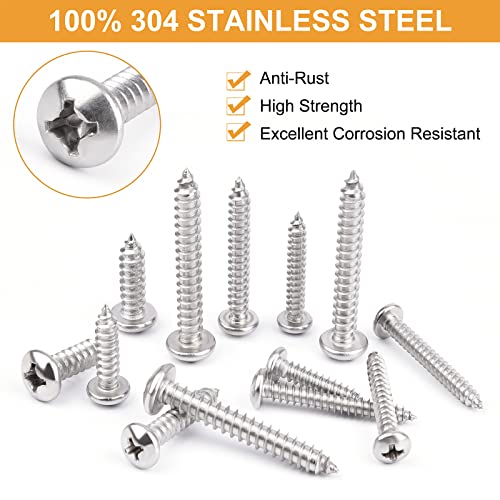 Phillips Pan + Flat Head Stainless Steel Wood Screws Assortment Kit, Sheet Metal Screws Self Tapping Screws Set, Reliable Assorted Fastener Kit with Various Length