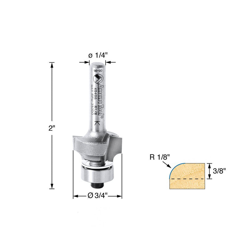 Amana Tool - 49496 Carbide Tipped Corner Round 1/8 Radius x 3/4 Dia x 3/8 x 1/4" Shank