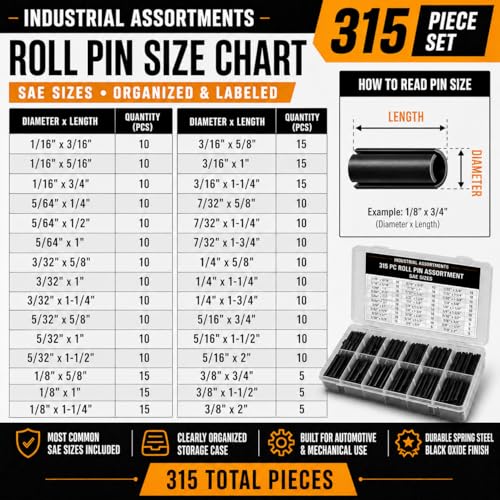 Titan Industrial Supply-315 Piece Roll Pin Assortment Kit – 11 Popular Sizes from 1/16" to 3/8" – Heavy-Duty Compression Pins with Organized Storage Case