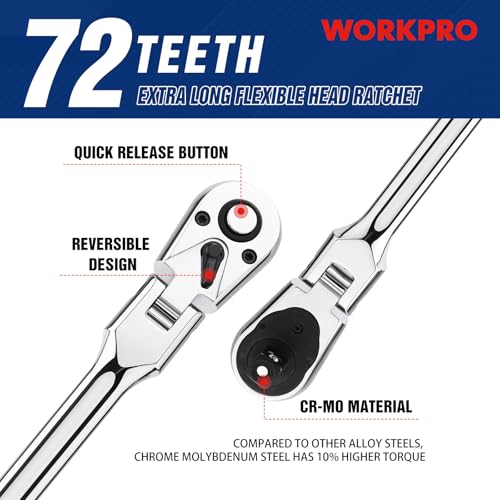 WORKPRO 3/8" Drive Extra Long Flex Head Ratchet, 18" Reach 3/8 inch Drive