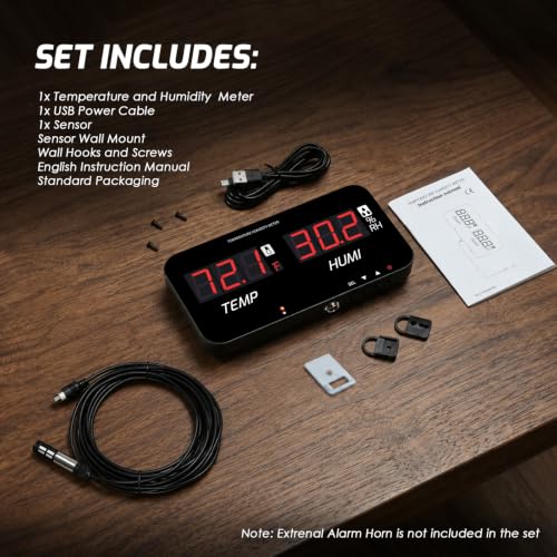 Digital Hygrometer Thermometer LED Display, -20~80°C / 0~100% RH, ±1°C Accuracy, Custom Alarms (6-120s), Table/Wall/Tripod Mount, Type-C, for Home, Office, Lab, Warehouse