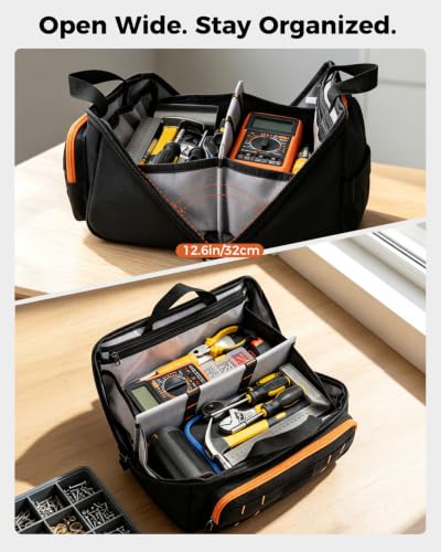 Wide Open Top 14.5" Tool Tote Bag, 4 Pocket Storage Organizer