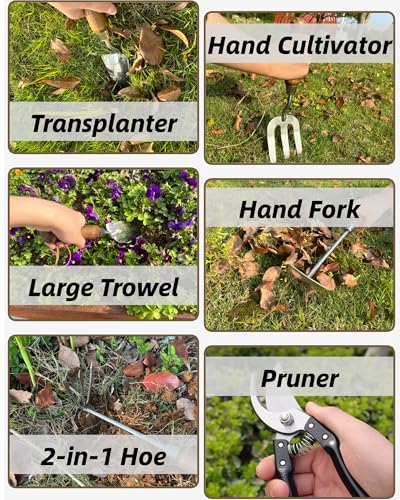 Garden Tool Set, 6PCS Heavy Duty Stainless Steel Gardening Hand Tools with Ropes, Includes Hand Cultivator Shovel Trowel Transplanter 2-in-1 Hoe Pruner, Ideal Gardening Gifts for Women Men (Classic) Classic 6-Piece Heavy Duty Garden Tool Set