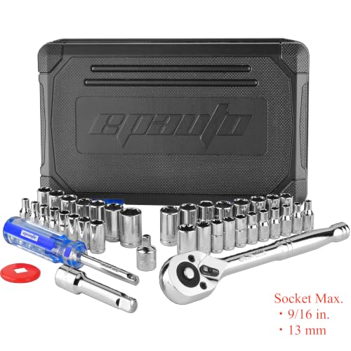 EPAuto 40 Pieces 1/4-Inch & 3/8-Inch Drive Socket Set, 72 Tooth Ratchet Compact 40 Pcs