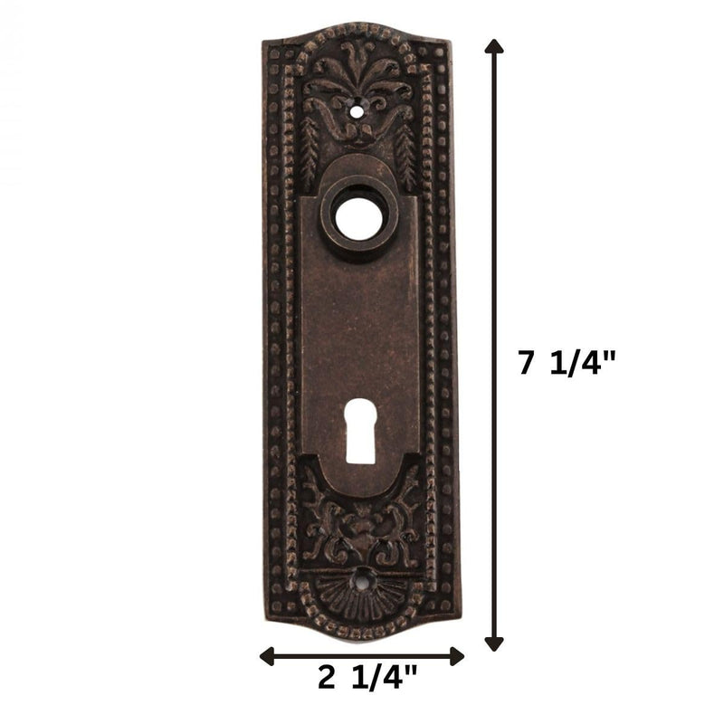 Renovators Supply Manufacturing™ Antique Brass Solid Brass Door Escutcheon Keyhole Cover Plate – Victorian Beaded Backplate for Knobs (7¼" H x 2¼" W)