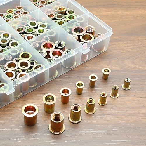 320Pcs SAE Rivet Nut Kit, SAE Nutsert Rivnut Kit,Threaded Inserts for Metal Yellow SAE 320Pcs Kit