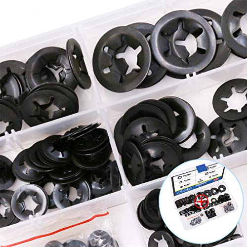 Glarks 280Pcs Internal Tooth Speed Clips Fasteners Assortment Kit + 410Pcs Metric M2 M2.5 M3 M4 M5 M6 M8 M10 Flat Washers Assortment Set