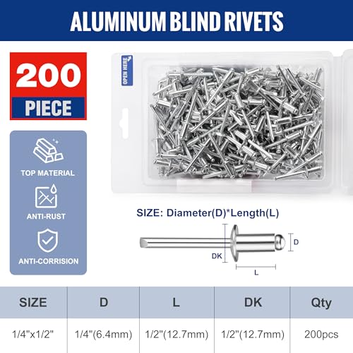 WORKPRO 200Pcs Aluminum Blind Rivets, 1/4" x 1/2" Pop Rivets Assortment 1/4" x 1/2"
