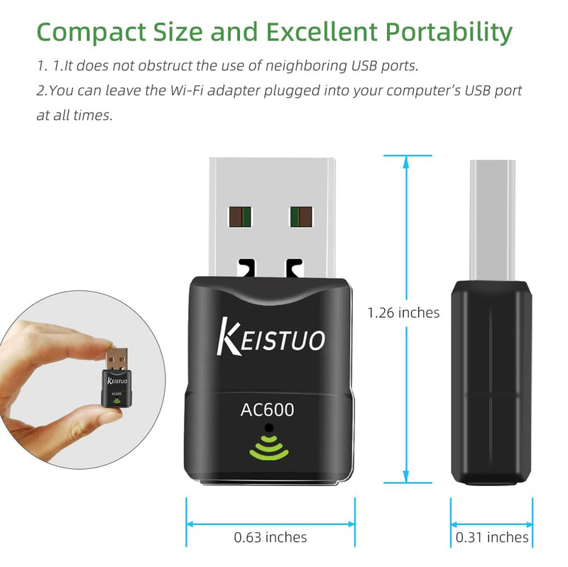 AC600 WiFi Adapter for Desktop PC Laptop - Wireless Dongle for PC, Dual Band 2.4GHz/5GHz, Mini USB WiFi Adapter Compatible with Windows 11, 10, 8, 7, XP Computer System