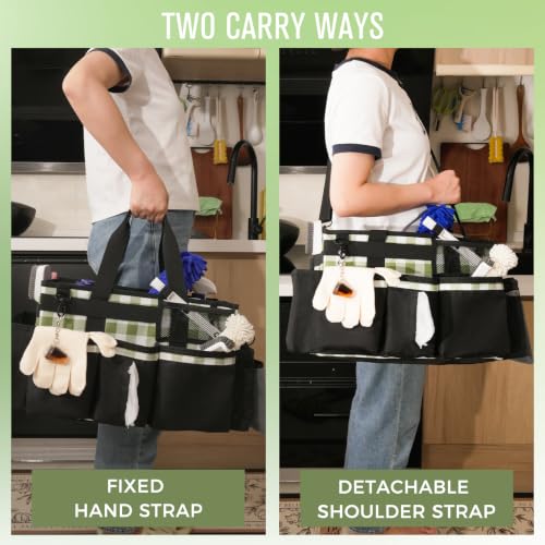 SCAVATA Wearable Cleaning Caddy, Cleaning Caddy Supplies Organizer with Handle & Shoulder Straps for Housekeepers, Under Sink & Car Cleaning Tool Organizers Bag with 4 Foldable Divider (GreenPlaid) GreenPlaid