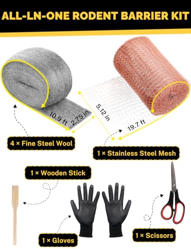Steel Wool Mice Control - 4 Pack 3" x11 Ft Steel Wool 0000 & 1 Pack Wire Mesh with Wooden Stick & Gloves & Scissors, Upgrade 2in1 Match Mouse Hole Filler DIY Kit, Rodent Barrier Kit for House Garden