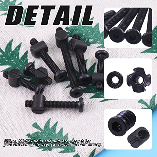 Glarks 128Pcs M6x20/30/40/50/60/70/80mm Baby Bed Crib Screws Bolts Hex Socket Head Cap Screw with Barrel Nuts, Threaded Insert Nuts, T-Nut, Flange Nut and Allen Wrench for Wood, Cabinetry, Furniture
