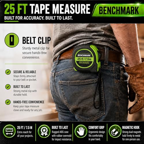 3 Pack - Tape Measures 25 ft - Easy to Read Fractions to 1/8th inch - Magnetic Tip - Thumb and Quick Lock - Autowind - Belt Clip - Green - Measuring Tape Retractable 3